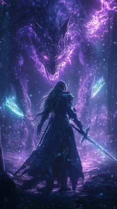 a person standing in the middle of a forest next to a giant monster with two swords