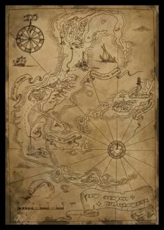an old pirate map with ships and compasss on it, as well as other items
