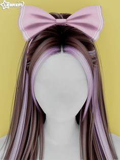 a white mannequin head with long brown and pink hair wearing a large bow