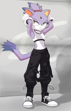 a drawing of a cat with purple hair and black pants, standing in front of a gray background