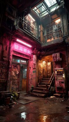 an abandoned building with graffiti on the walls and stairs