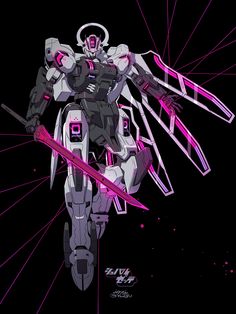 the robot is standing in front of a black background with pink lines on it's sides