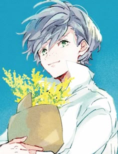 an anime character holding a vase with yellow flowers in it's hands and looking at the camera