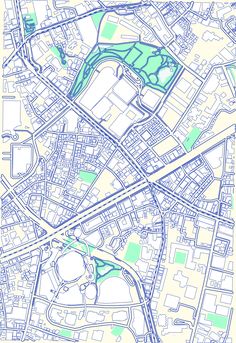 an aerial view of a city with lots of streets, roads and water in blue