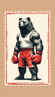a stamp with a bear wearing boxing gloves
