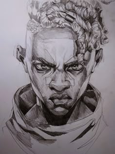 a drawing of a man with dreadlocks on his head, looking at the camera