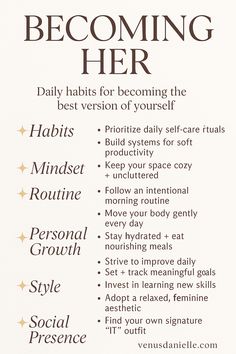 a white poster with the words becoming her and other things to know about being a woman