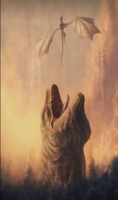 a painting of a dinosaur attacking a dragon