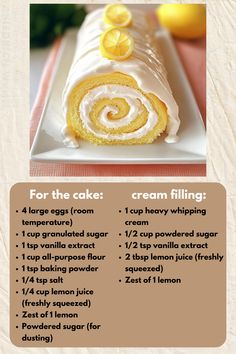 the recipe for lemon roll is shown on a white plate