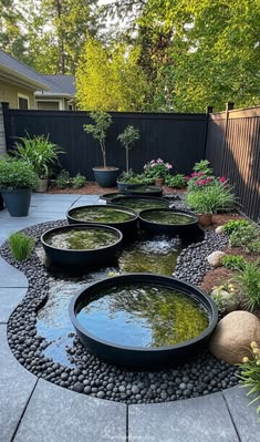an outdoor pond surrounded by rocks and plants in the middle of a yard with several large bowls