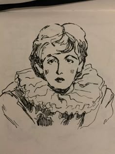 a black and white drawing of a woman's face with a scarf around her neck