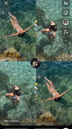 two photos showing the same person swimming in clear blue water, and then taking pictures with their cell phone