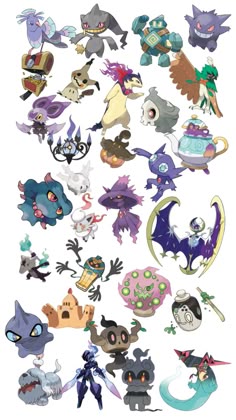 an assortment of cartoon characters are shown in this graphic art work, with different colors and sizes