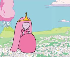 a pink princess sitting in the middle of a field