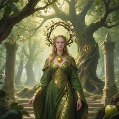 a woman dressed in green and gold standing next to trees