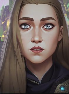 an animated image of a woman with long hair and blue eyes in front of a cityscape