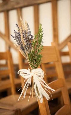 a bouquet of lavenders tied to a wooden chair in front of a row of chairs