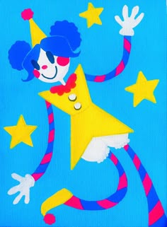 a painting of a clown holding a star in the air with stars on it's sides