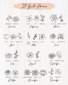the 25 birth flowers are shown in black and white, with pink ink on them