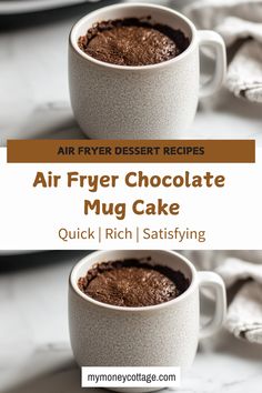 two mugs filled with air fryer chocolate mud cake on top of a table