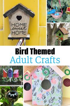 bird themed adult crafts are featured in this collage with text overlay that reads, bird themed adult crafts