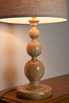a lamp sitting on top of a wooden table