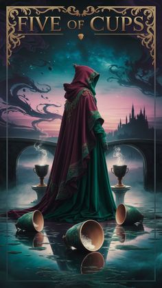 the cover to five of cups, with an image of a woman in a red cloak