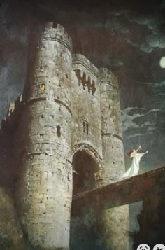 a painting of a woman standing on a bridge in front of a castle at night