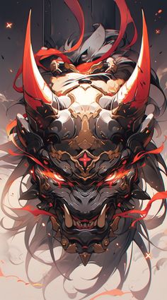 the head of an animal with red and black hair on it's face, surrounded by flames