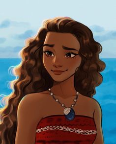 a woman in a red dress standing next to the ocean with a necklace on her neck