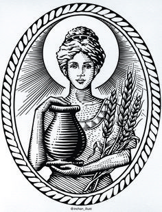 a black and white drawing of a woman holding a vase with wheat in the background