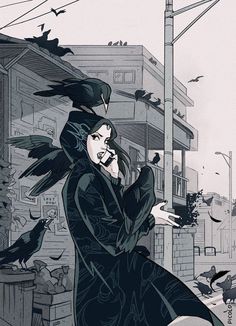 a black and white drawing of a woman with crows on her head in the city