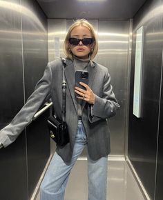 Grey Turtleneck Outfit Aesthetic, Grey Blazer Winter, Pinstripe Grey Blazer Outfit, Grey Blazer Going Out Outfit, Oversized Grey Blazer Outfits, Gray Blazer Outfit Aesthetic, Grey Blazer Outfit Aesthetic, Djerf Avenue Grey Blazer, Matilda Djerf Grey Blazer