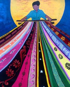 a painting of a man sitting on top of a rainbow colored blanket with the moon in the background