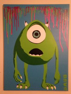 a painting of a green monster with big eyes and dripping blood on it's face