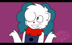 a cartoon character with blue hair and green eyes wearing a red bow around her neck