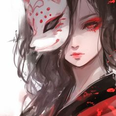 a woman wearing a mask with red paint on her face and long black hair, standing in front of a white background