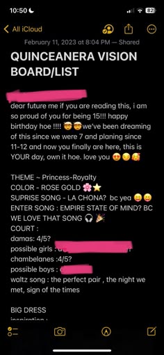 an image of the texting message for quinceanera vision board /list