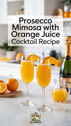 two glasses filled with orange juice on top of a counter