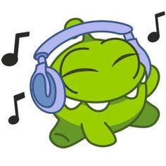 a green frog with headphones and music notes around it's neck, sitting in front of a white background