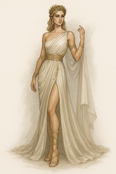 a drawing of a woman in a white dress with a gold chain around her waist