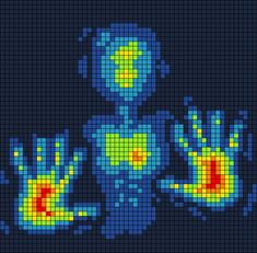 a pixellated image of a blue alien holding two hands up in the shape of an x - ray