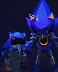 two cartoon characters standing next to each other in front of a dark background with orange eyes