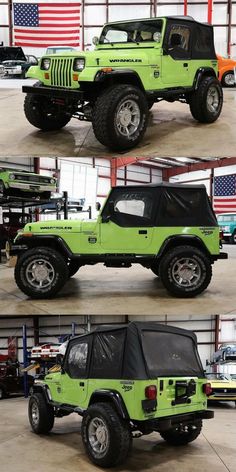 four different pictures of jeeps in a garage