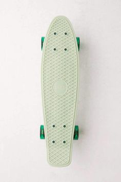 a green skateboard on a white background with the bottom part showing it's wheels