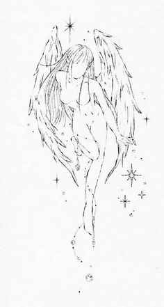 a drawing of an angel with stars in the background