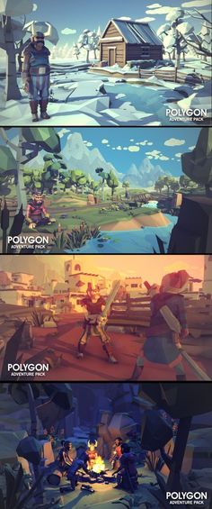 three different views of the same video game, each with their own character and location