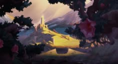 a painting of a castle surrounded by trees and flowers in the foreground, with mountains in the background