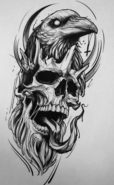 a drawing of a skull with a bird on it's head