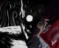 an anime character is standing in front of a black and white background with the light coming from his eyes